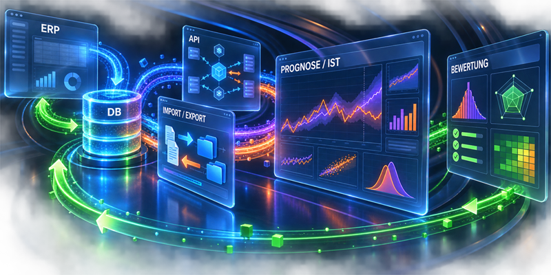 ERP- und Datenbanksynchronisation über Import, Export und API mit Prognose-Ist-Vergleich und Bewertung