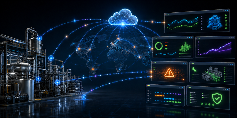 Industrieanlage mit Cloud, weltweiter Vernetzung und Webanwendungen für Telemetrie, Wartung, Alarmierung und Nachweisführung