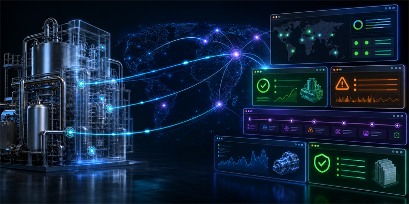 Industrial-IoT-System mit vernetzter Industrieanlage, weltweiter Datenübertragung und Webanwendungen für Wartung, Alarmierung, Analyse und Nachweisführung