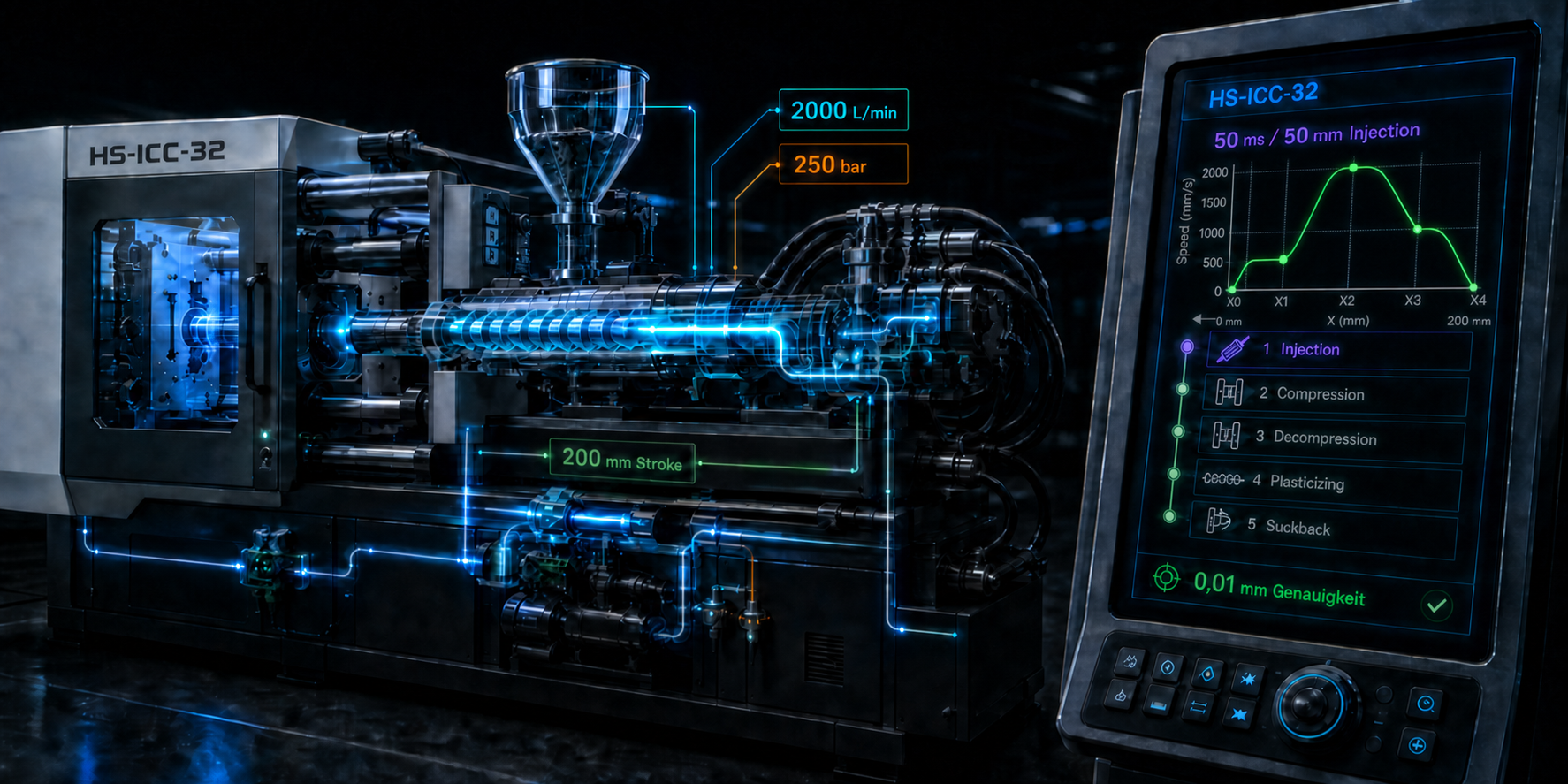Spritzgießmaschine HS-ICC-32 mit hydraulischer Einspritzung, Maschinensteuerung und Geschwindigkeitsprofil
