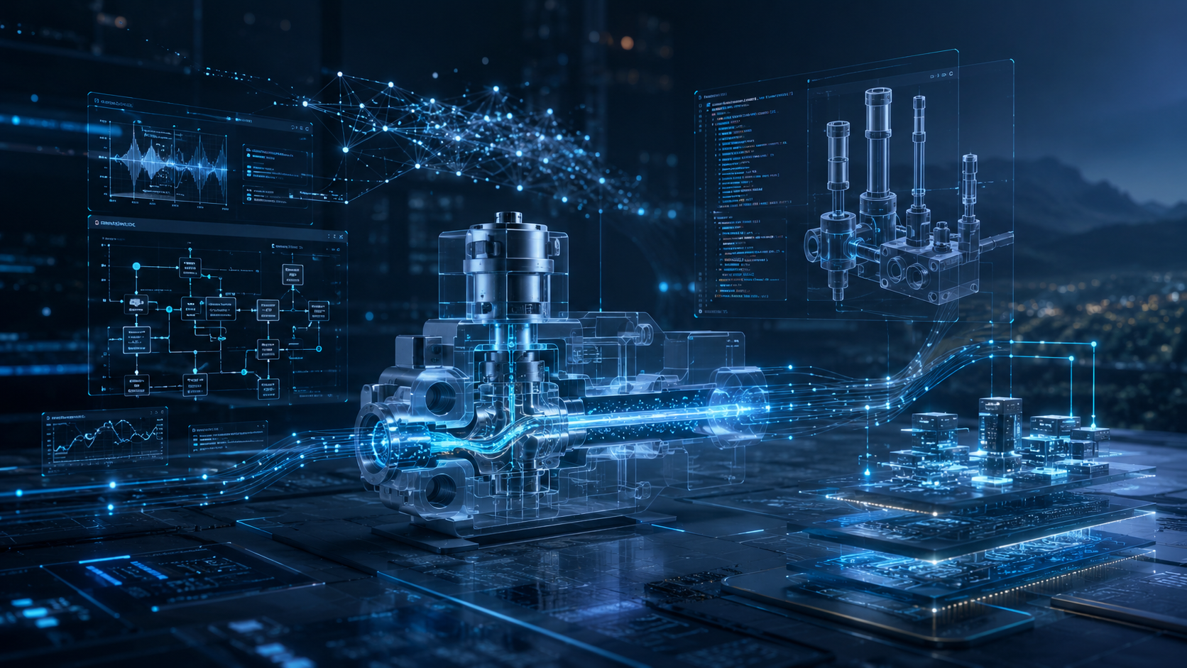 Futuristische Darstellung eines hydraulischen Systems, verbunden mit Elektronik, Software und Daten