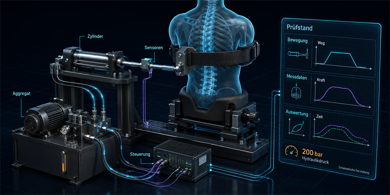 Schematischer mechanisch-hydraulischer Prüfstand mit Rumpfmodell, Aggregat, Zylinder, Sensoren, Steuerung und Softwareansicht
