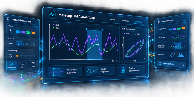 Transparente Softwareansichten für Versuchskonfiguration, Messdatenauswertung und Messprotokoll